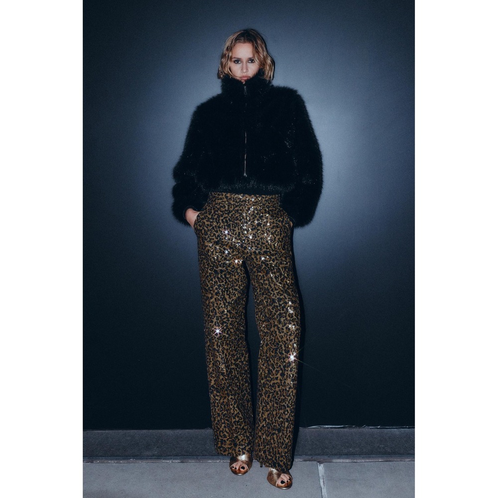 Zara Womens Leopard Sequin High Waisted Straight Leg Pants Gold Black Size M NWT